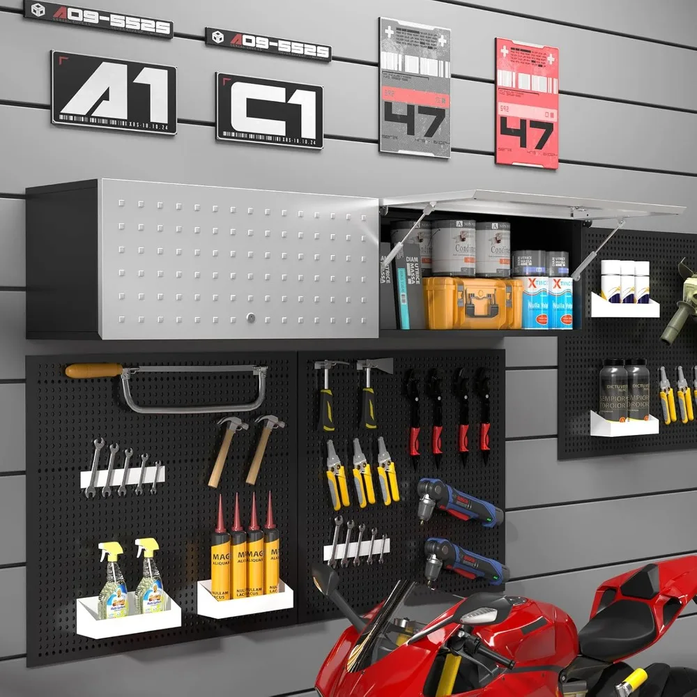 Garage Storage Cabinet with Flip-Up Door, Lockable Metal Wall Cabinet for Garage, Wall Mounted Garage Cabinet 2