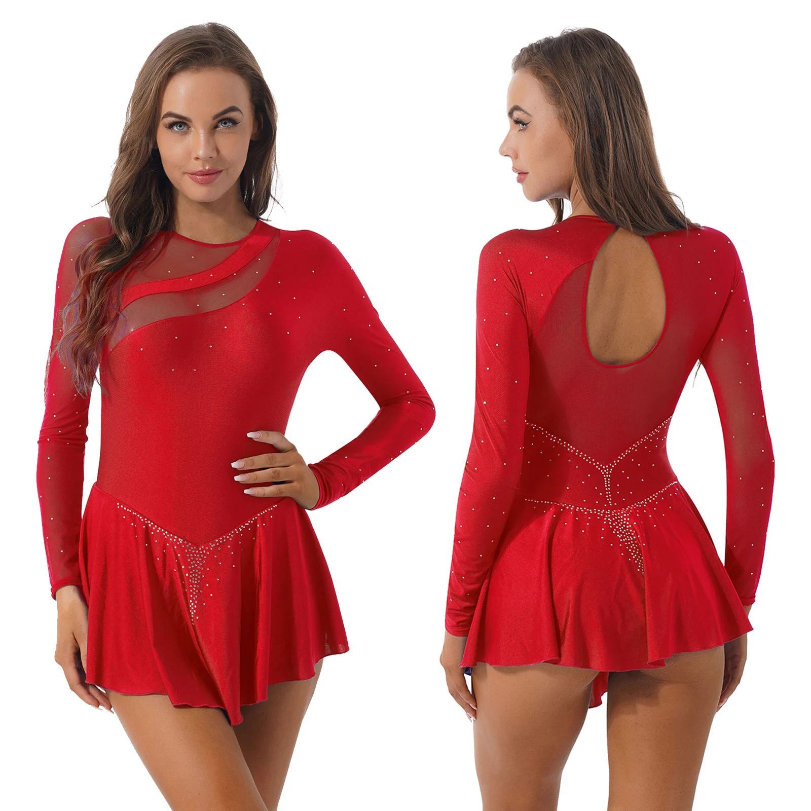thumbnail image 1 of Vestido de patinaje artístico para mujer, vestido de ballet con escote halter y malla de diamantes de imitación, manga larga, vestido de baile, traje de gimnasia, vestidos de leotardo, 1 of 5
