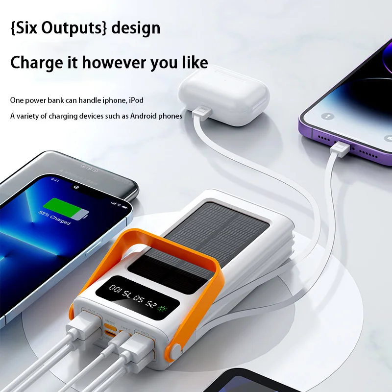 200000mAh Solar Power Bank High-capacity Built-in Cables External Battery LED Light Power Bank For iPhone Samsung Xiaomi 2025 6
