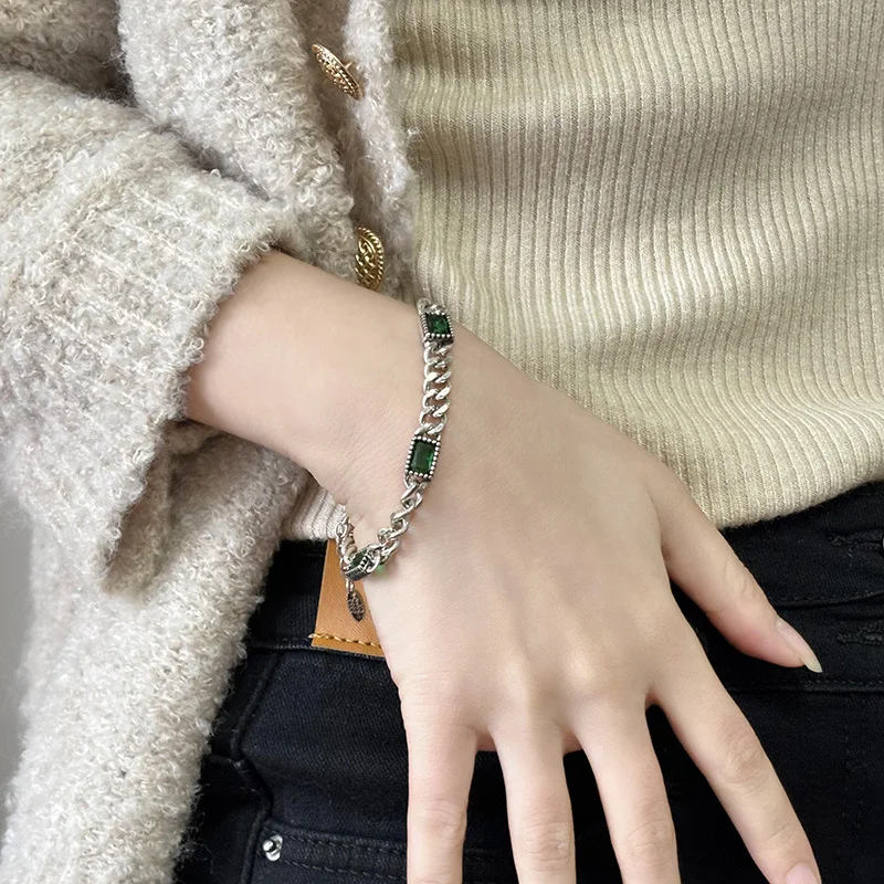 925 Sterling Silver Green Stone Retro Chain Bracelet For Women Men Charms Party Gift Wedding Engagement Fashion Jewelry - Image 4