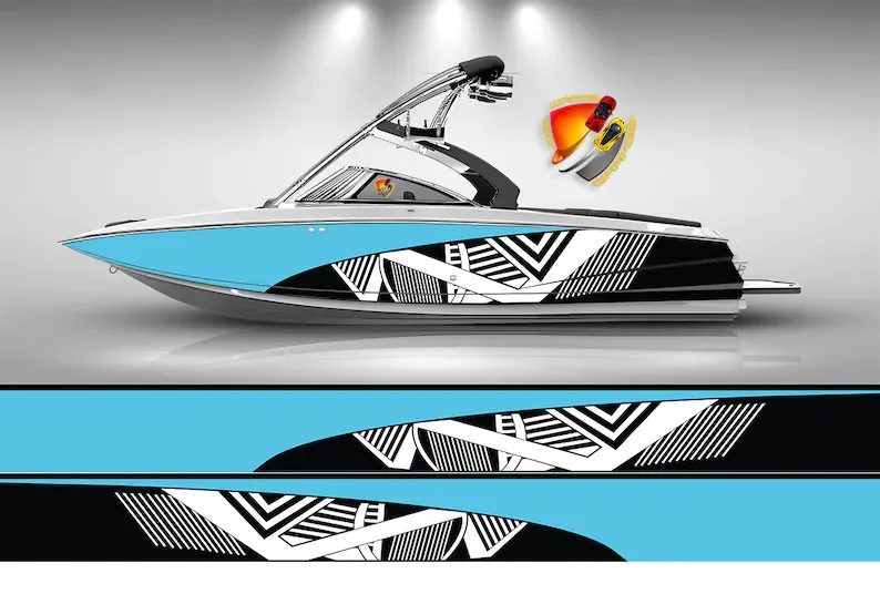 

Light Blue & White Modern Lines Graphic Vinyl Boat Wrap Decal Fishing Bass Pontoon Sportsman Console Bowriders Deck Boat Watercr