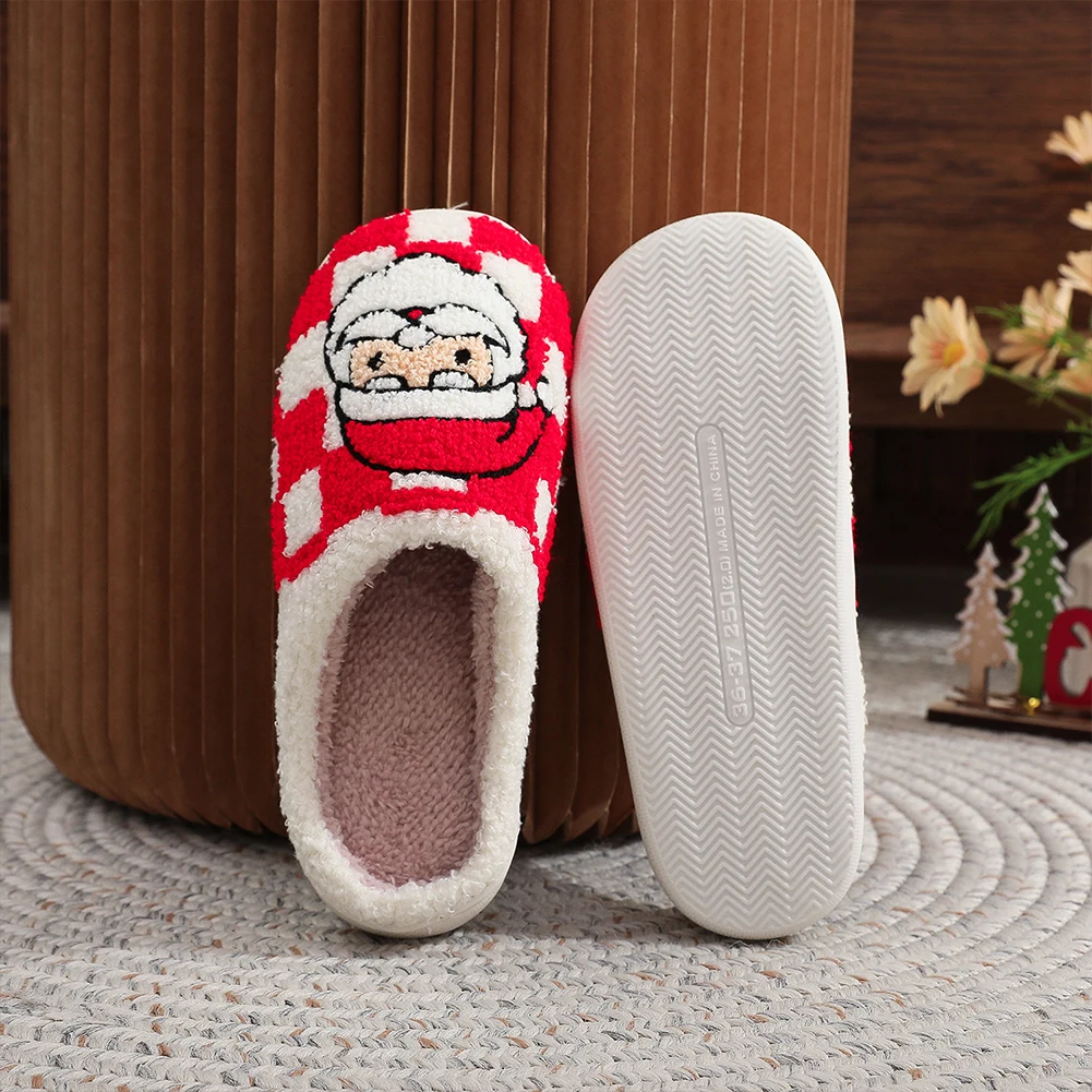 Christmas Santa Claus Slippers Plush Checkered Santa Slippers Anti Slip Flat Thermal Soft Couple for Men Women