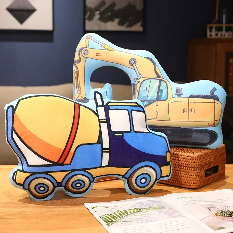 Cartoon Police Car Fire Truck Excavator Plush Toys Stuffed Doll Hug Pillows Chair Cushion Boys Gifts Room Decor 3