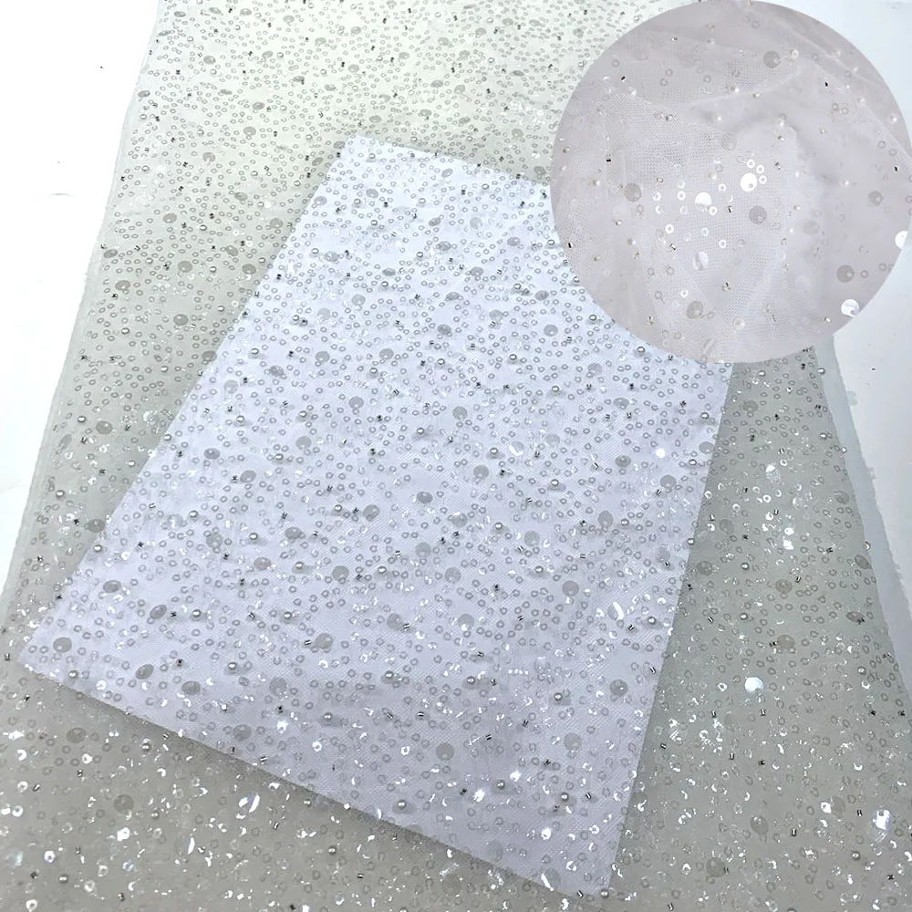 1 Yard New Mesh Embroidery Pearl Sequins Lace Fabric Bead Embellishment Tull DIY Cloth For Sewing Shiny Evening Dress Girl Skirt