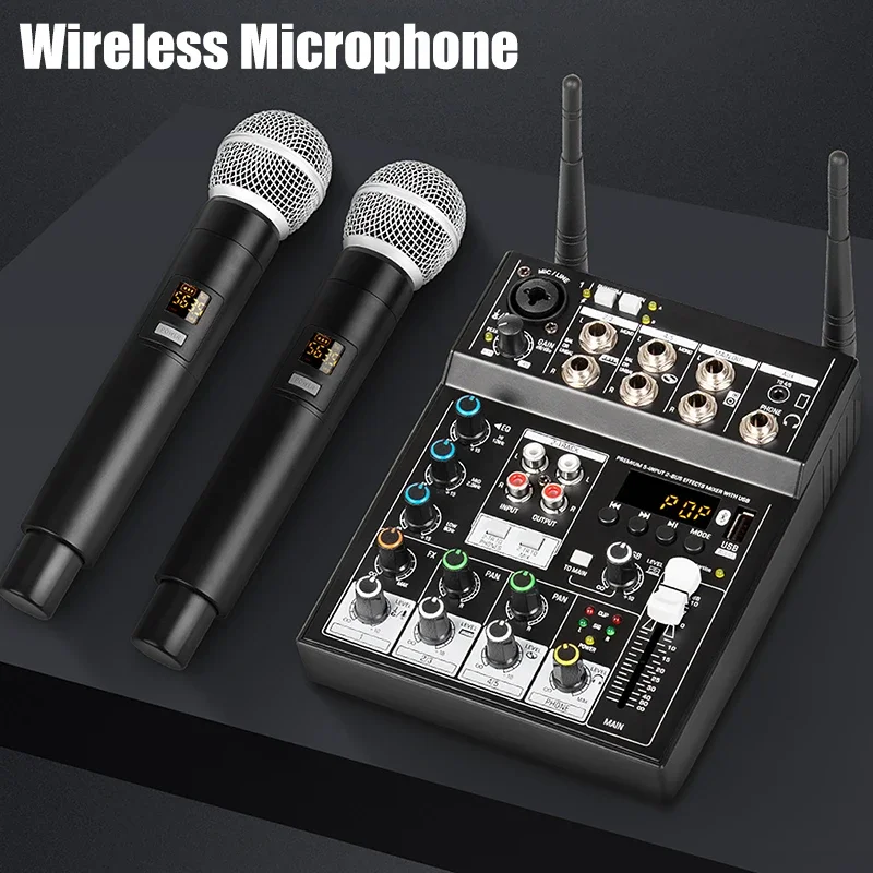

Wireless Microphone with Audio Mixer 4 Channels Karaoke Bluetooth Mic DJ for Studio TV Computer Home Party Show Church Hot Sale