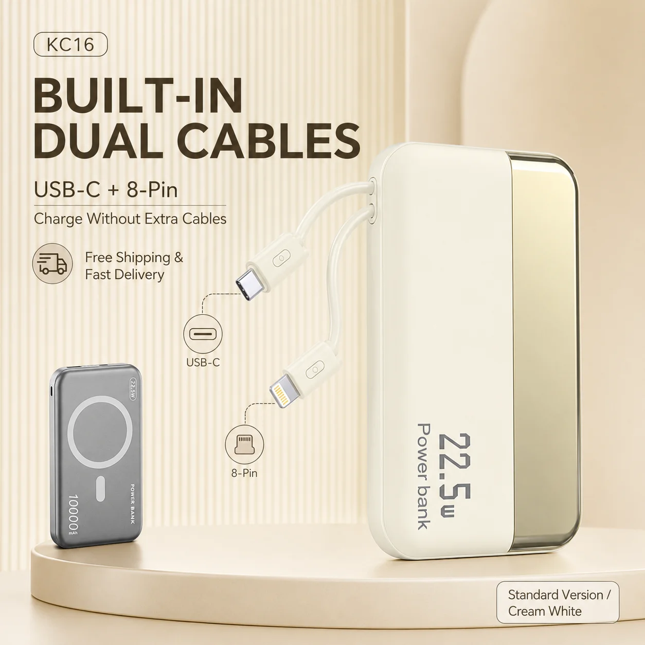 Power Bank da 10000mAh 22.5W con Cavi USB-C e 8-Pin Integrati, Caricabatterie Compatto per Telefono, Versione Aggiornata con Ricarica Wireless Magnetica - Image 2