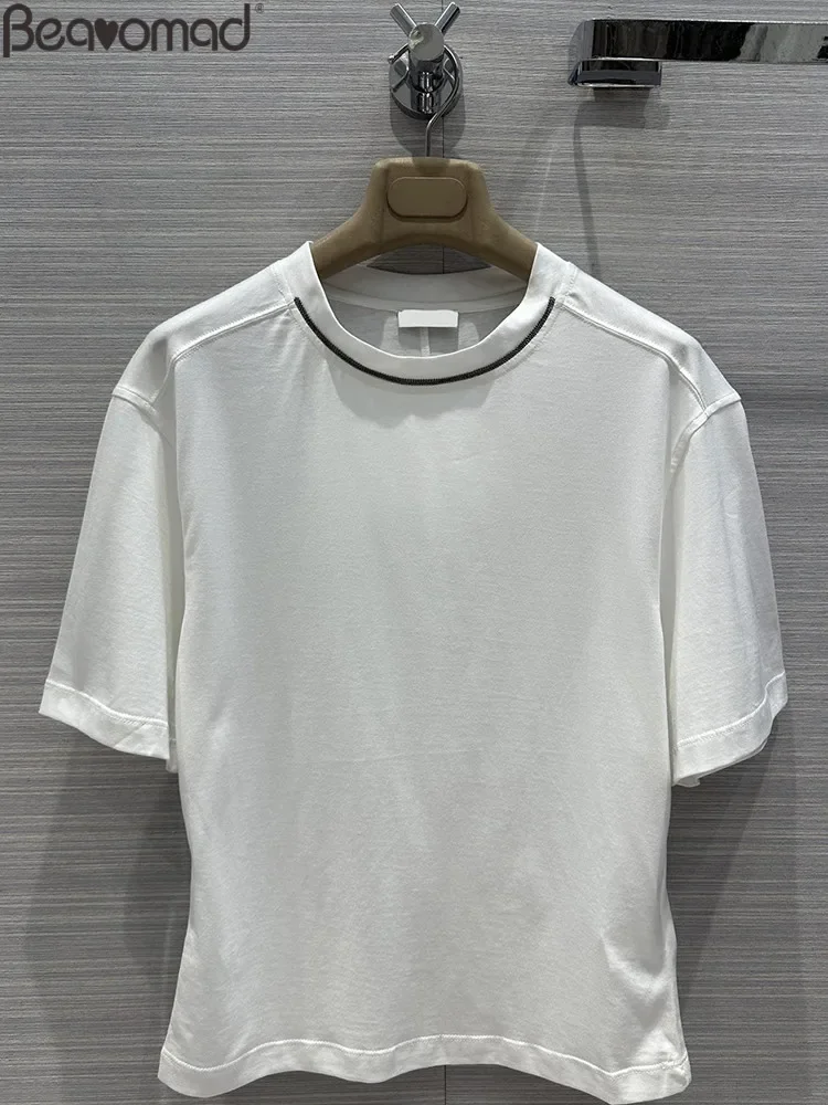 

Fashion Designer Summer White Simplicity Casual T-Shirts Women's Solid Color O-Neck Beading Short Sleeve Loose Tops