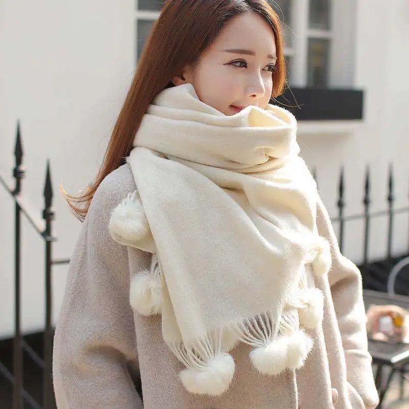 

1PC Winter Thick Scarves Shawls Scarf Solid Women Cashmere Oversize Blanket With Rabbit Fur Ball Warm Lady Wraps Shawl 70x200cm