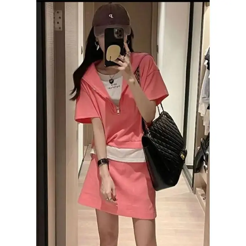 Sports Casual Ladies Solid Color Two-piece Suit Summer Fashion Tops Zipper Pullovers Loose High Waist A-line Skirt Dress Sets