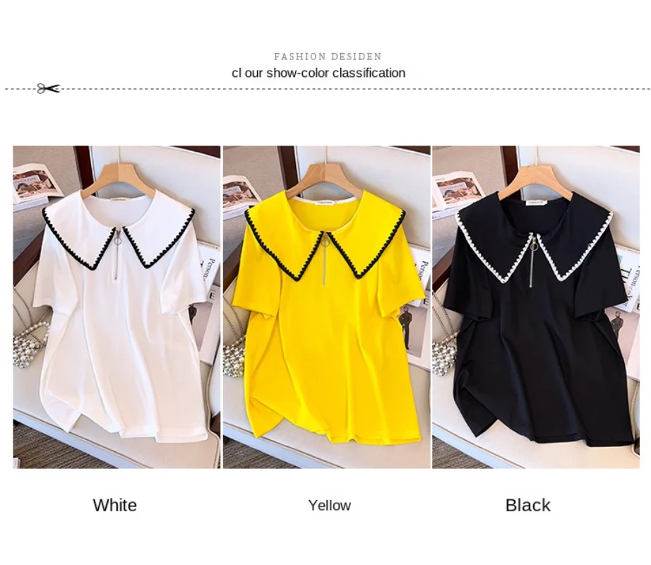 

New plus fat plus size slim loose mid-length lapel short-sleeved T-shirt women 200/300/350 catties