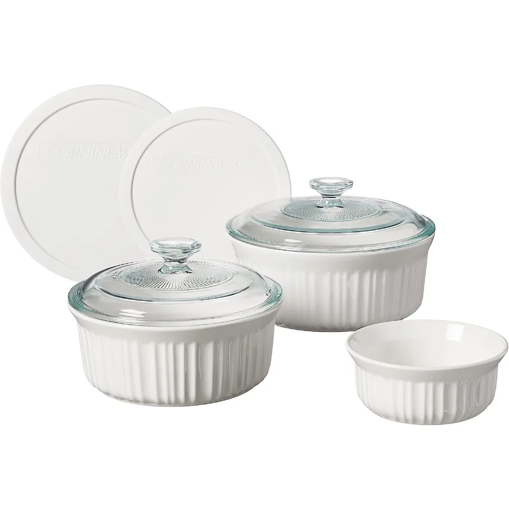 

French White 7-Pc Ceramic Bakeware Set with Lids, Chip and Crack Resistant Stoneware Baking Dish, Microwave, Dishwasher,