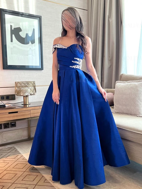 Robe de Soirée Longue en Satin Bleu Royal, Tenue Élégante avec Perles,  Forme Trapèze, pour Occasions Formelles, 2023 - AliExpress