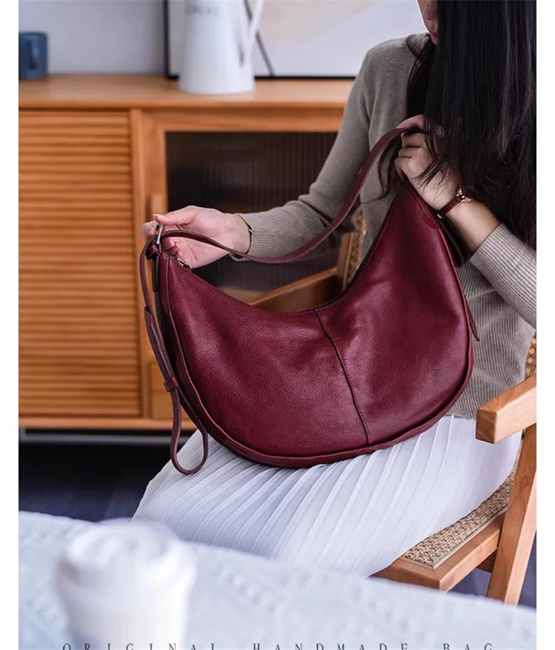 PNDME hochwertige echtes Leder Damen faule Umhängetasche Modedesigner Rindsleder Knödeltasche Unterarm Halbmondtasche – Detail 14