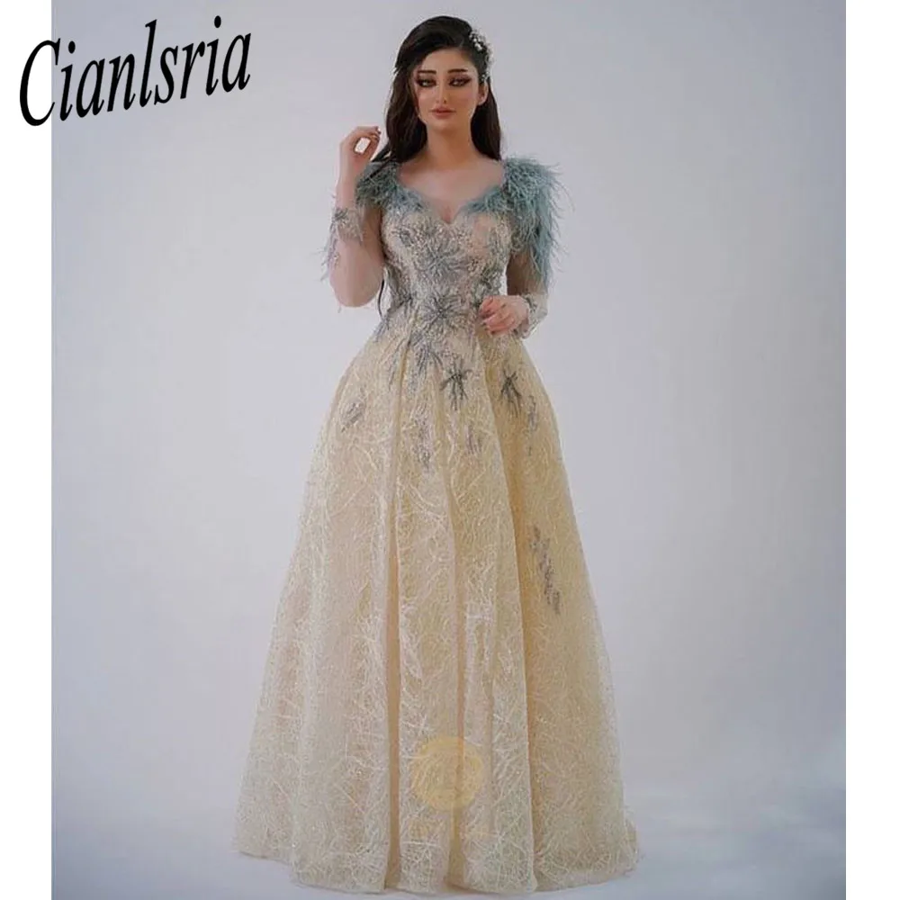 

Luxury Feathers Dubai Evening Dresses 2023 Elegant Long Sleeves Formal Dress for Women Wedding Party