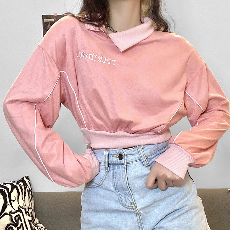 2023 Fall Winter Loose Fashion Letter Embroidery Long-sleeved Pink Pullover Women New Solid Color High Waist Hoodies Sweatshirt