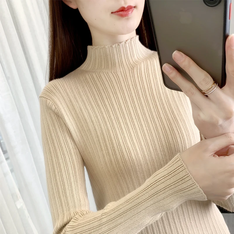 

Knitted Sweater Women 2024 Autumn Winter Korean Mock Neck Long Sleeve Pullover Female Jumper Solid Color Knitwear Ladies R278