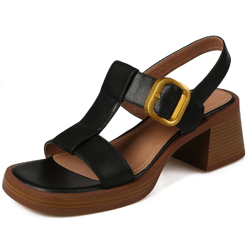 

. Shoes Woman Women Sandals Summer Retro Fashion Metal Buckle Genuine Leather Thick Heels Pumps Casual Working Gladiator