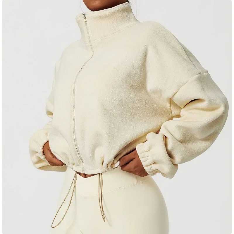 Women Loose Cropped Jacket Loose Zipper Sweatshirt Y2k Long Sleeve Coat Cardigan Sportswear Streetwear Drawstring Tops Clothing