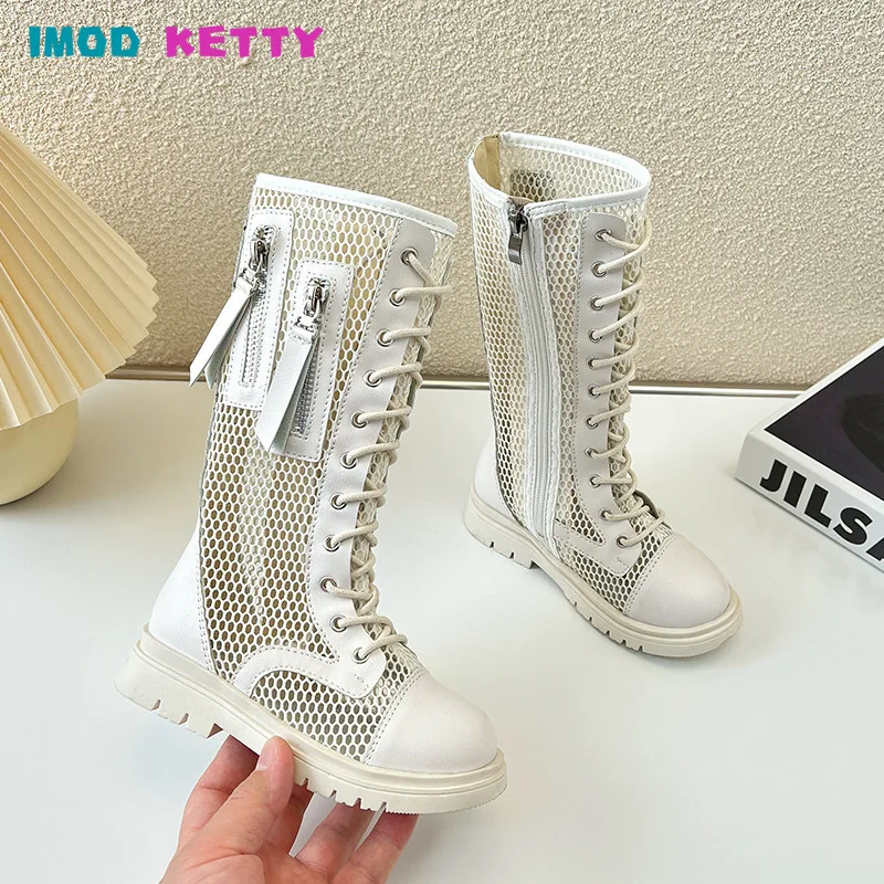 

2023 Girls Summer Boots for Catwalk Solid Color Kids Casual Shoes Classic Britain Children High Boots Zipper Versatile Hollow