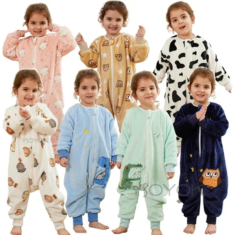 Cartoon Flannel Fleece Children Baby Sleeping Pajamas Warm Winter Clothes Toddler Onesies Sleepwear For Girls Boys Kids 1-6Years