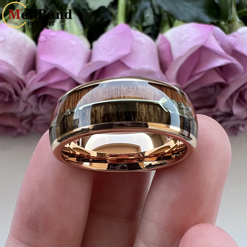 MenBand Fashion 8MM Women's Rose Gold Tungsten Carbide Wedding Band Ring With Double Wood And Arrow Inlay Comfort Fit