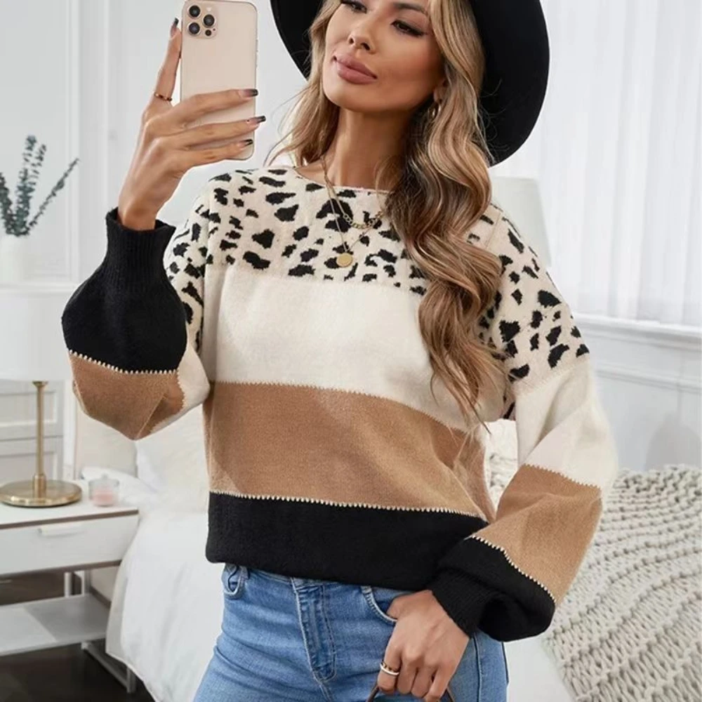 

Fashion High Quality Patchwork Leopard Spliced Autumn Winter Pullover Fashion Slim Knitted Sweater Top Korean Women Plus Size