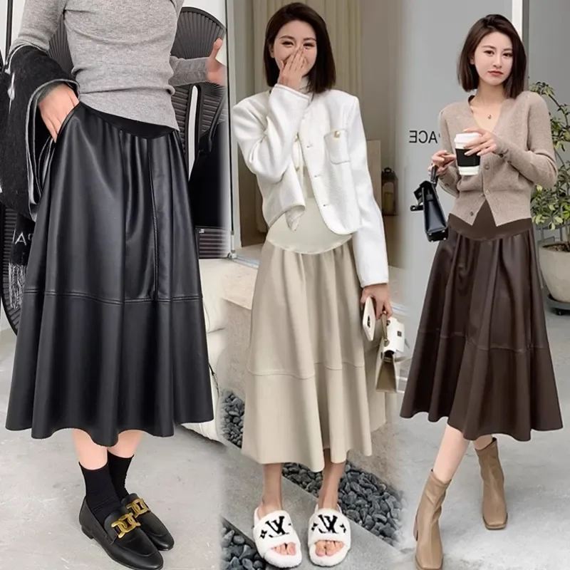 1171# Autumn Winter Fashion PU Maternity Skirts Elastic Waist Belly Loose A Line Clothes for Pregnant Women Pregnancy