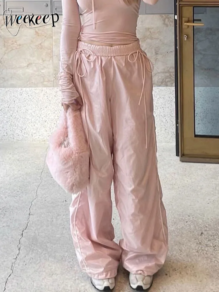 

Lace Up Pink Cargo Pants High Waist Y2k Streetwear Side Stripe Baggy Sweatpants Women Straight Casual Pants Korean Style