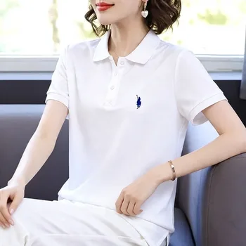 Polo in Puro Cotone da Donna, T-Shirt a Maniche Corte Estiva, Vestibilità Ampia, Stile Workwear, Colletto Risvoltato, Ricamata, Comoda
