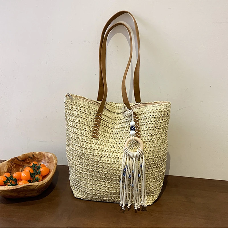 Summer Fashion Retro Straw Weaving Large Shoulder Bag Hand-Woven Women's Crochet Beach Tote Handbag with Tassel 2025