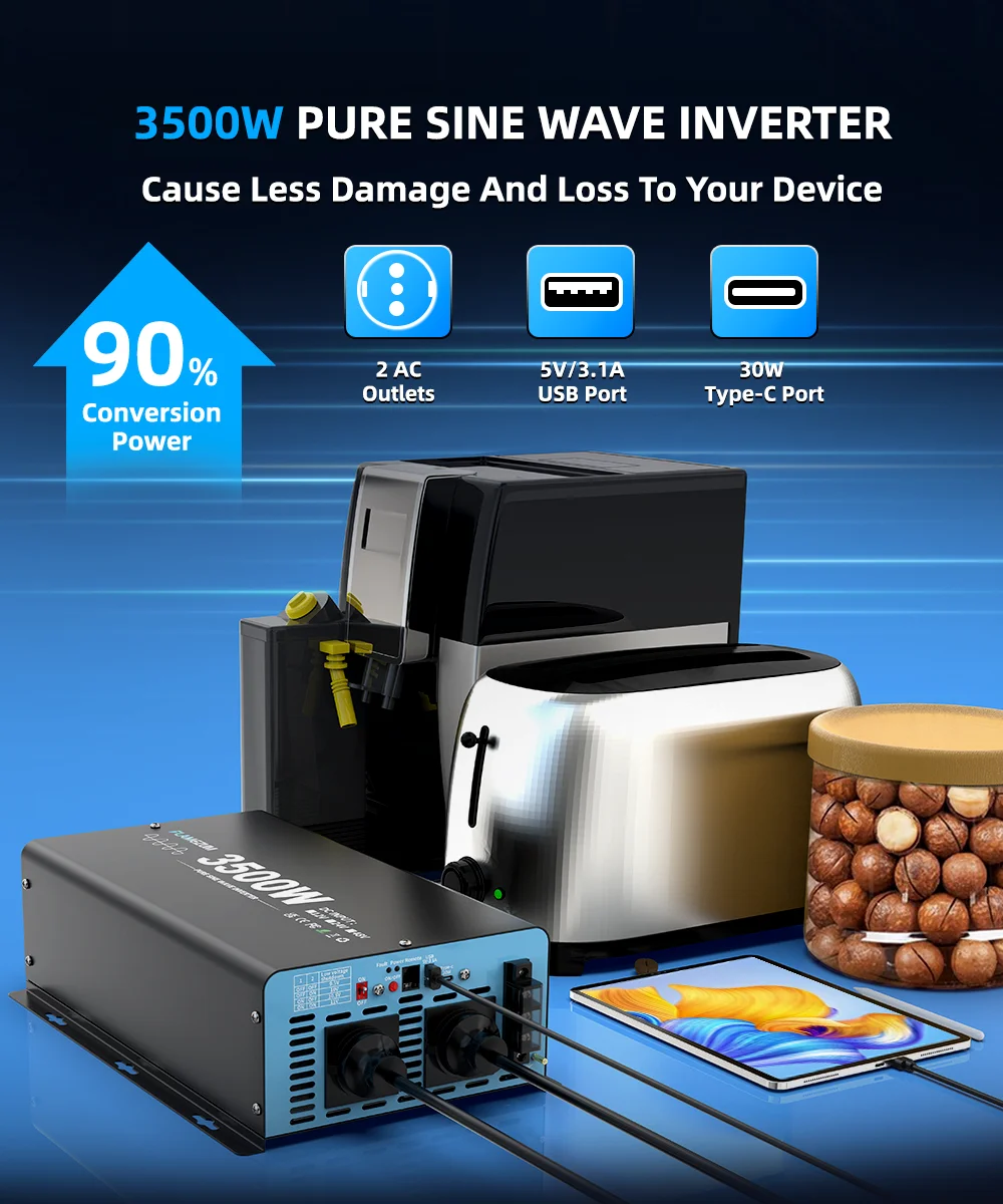 3500 W kontinuierliche Leistung reiner Sinus-Wechselrichter Spitzenleistung 7000 W DC 12 V zu AC 230 V 50 Hz EU-Buchse LCD-Auto-Voltmeter-Konverter – Detail 2