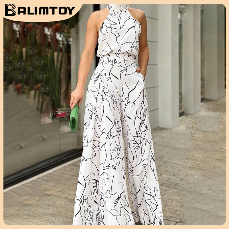 New Female Jumpsuits Elegant Long Women's Overalls Sexy Halter Sleeveless Wide Leg Romper Office Lady White One Piece Outfits