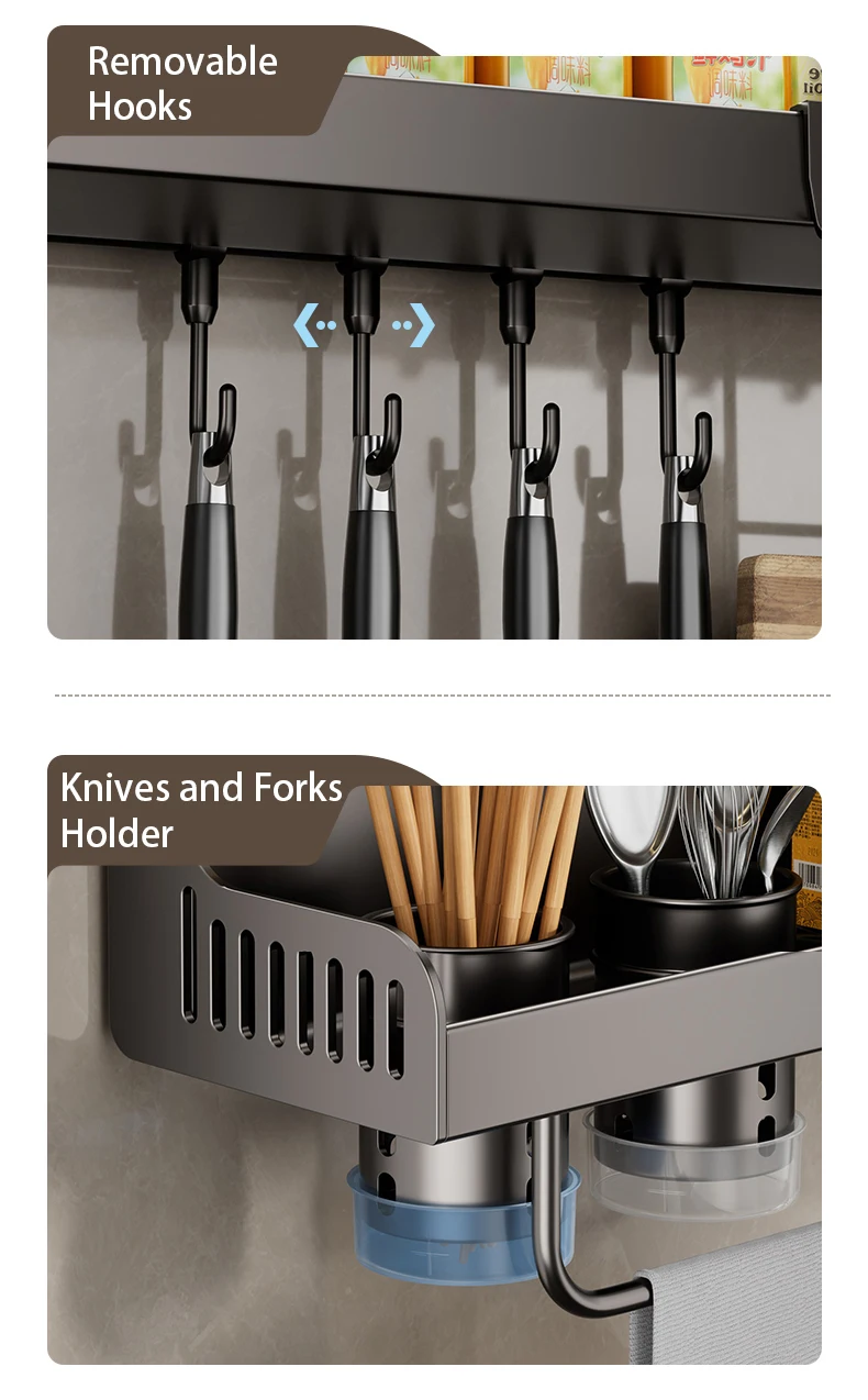 Description Picture 5 of itemKitchen Shelf Wall-Mounted Multi-Functional Kitchenware Storage Kitchen Knife Holder,  Seasoning Hanging Rack With Hook, Black