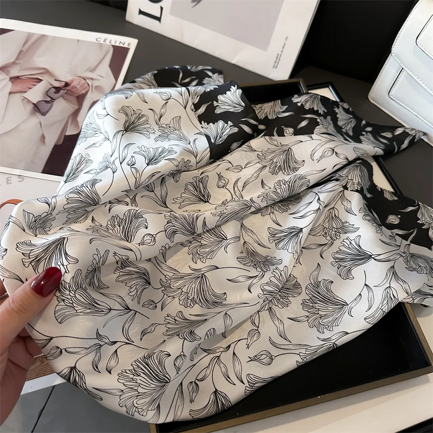 Black White Scarf 70X70cm Square Scarf Silk Scarf Classic Vintage Print Scarf Kerchief Popular Silk Scarves Bandanna Suit Scarf 6
