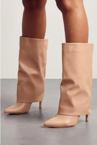 

Autumn Woman Nude Black Soft Leather Pointed Toe Thin Heels Fold Mid-calf Pants Boots Tube Slip On Short Boots Shoes Size 43