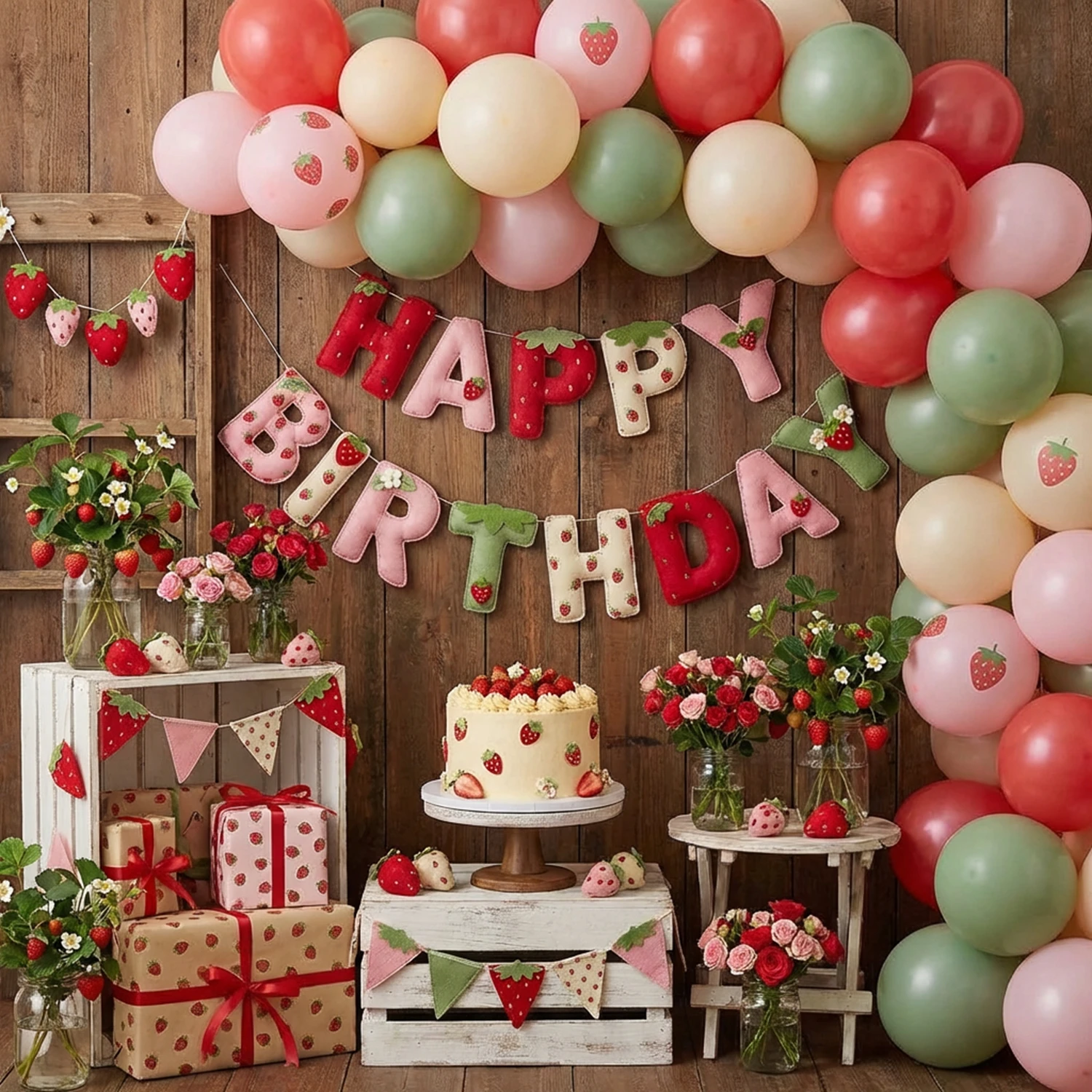 2D Filz Erdbeer-Thema Geburtstagsparty Banner Dekoration Süße Babyparty Hochzeitsfeier Zubehör