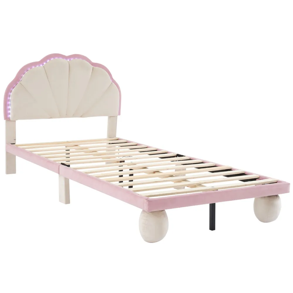 PINGGO Samt-Kinderbett Einzelbett Gepolstertes Bett mit LED-Beleuchtung Wellenförmiges Kopfteil Holzlatten Runde Beine 90x200cm Ohne Matratze – Detail 13