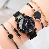 5pcs Set Women Fashion Casual Mesh Belt Watches Simple Ladies Starry Sky Round Dial Quartz Wristwatches Dress Clock Girl Gift 2