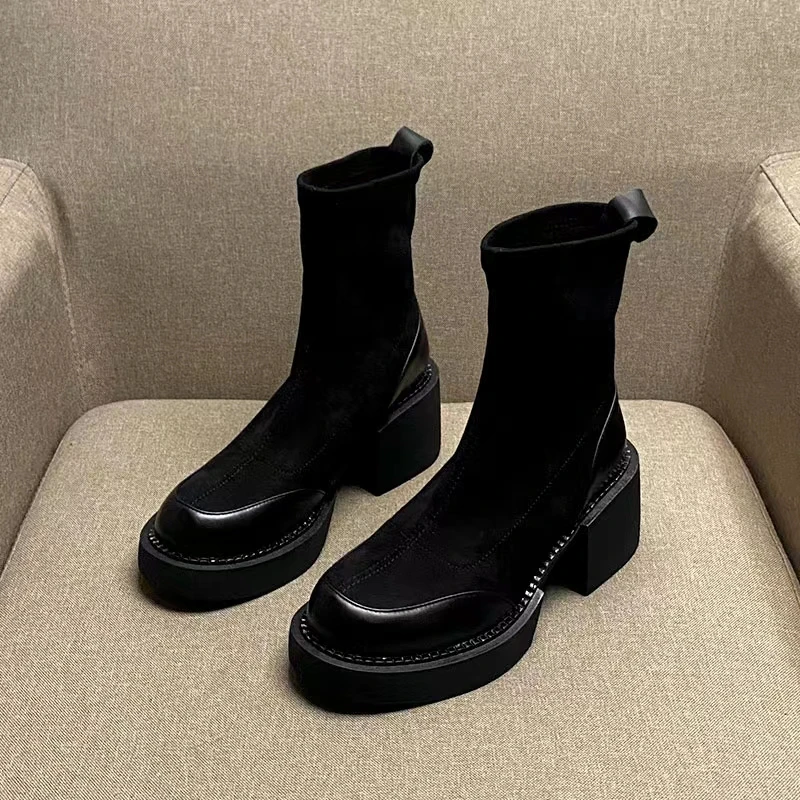 Spring and Winter Ankle Boots Round Head Zipper Women's Boots Thickened High Heels Shoes Boots Inner Heel Warm Shoes Botas Mujer