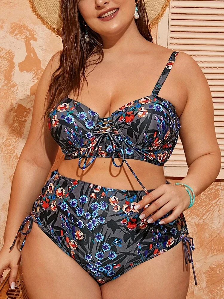 2023 New Cut Out Women Swimsuit Laced Up High Waist Bikini Sets Push Up Underwire Swimwear 4XL Large Size Bathing Suit Mujer