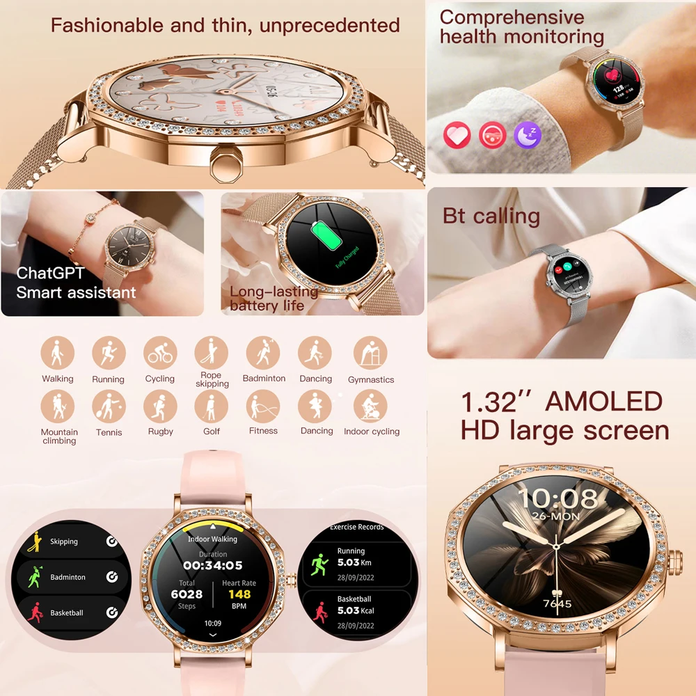 2025New 1.32" Ultra-thin AMOLED Screen Smart Watch Women Bluetooth Call Clock Health Monitor IP68 Waterproof Luxury Smartwatch