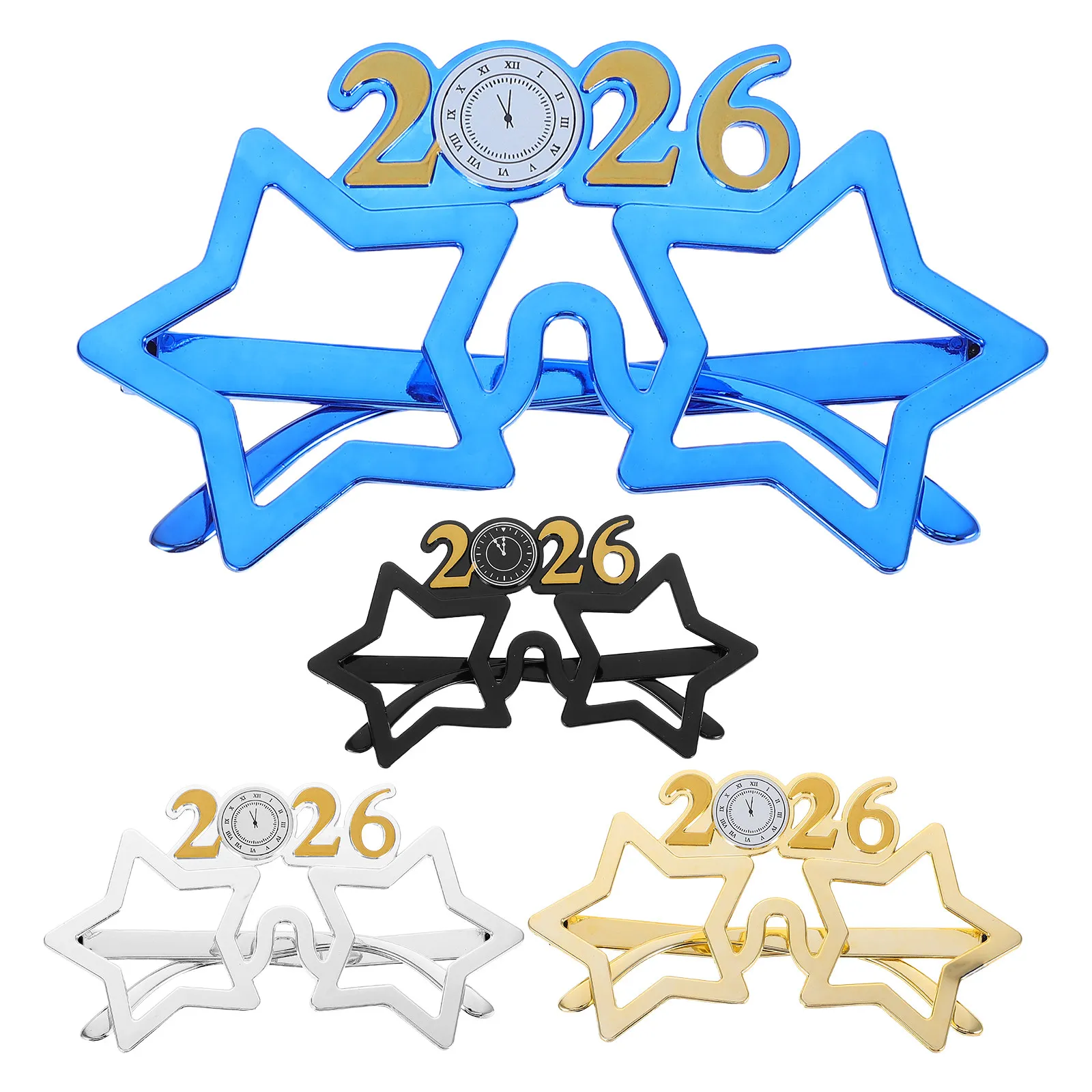 4Pcs 2026 파티 안경 별 모양의 렌즈가 없는 다채로운 안경 새해 전야 사진 소품 액세서리 새해 전야 파티 안경