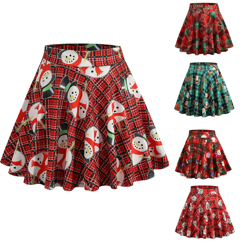 

Summer Women Skirt Elastic Waist Santa Snowman Sock Tree Short Pleated Skirt Fashion Christmas A-Line Mini Skirts​ Uniform