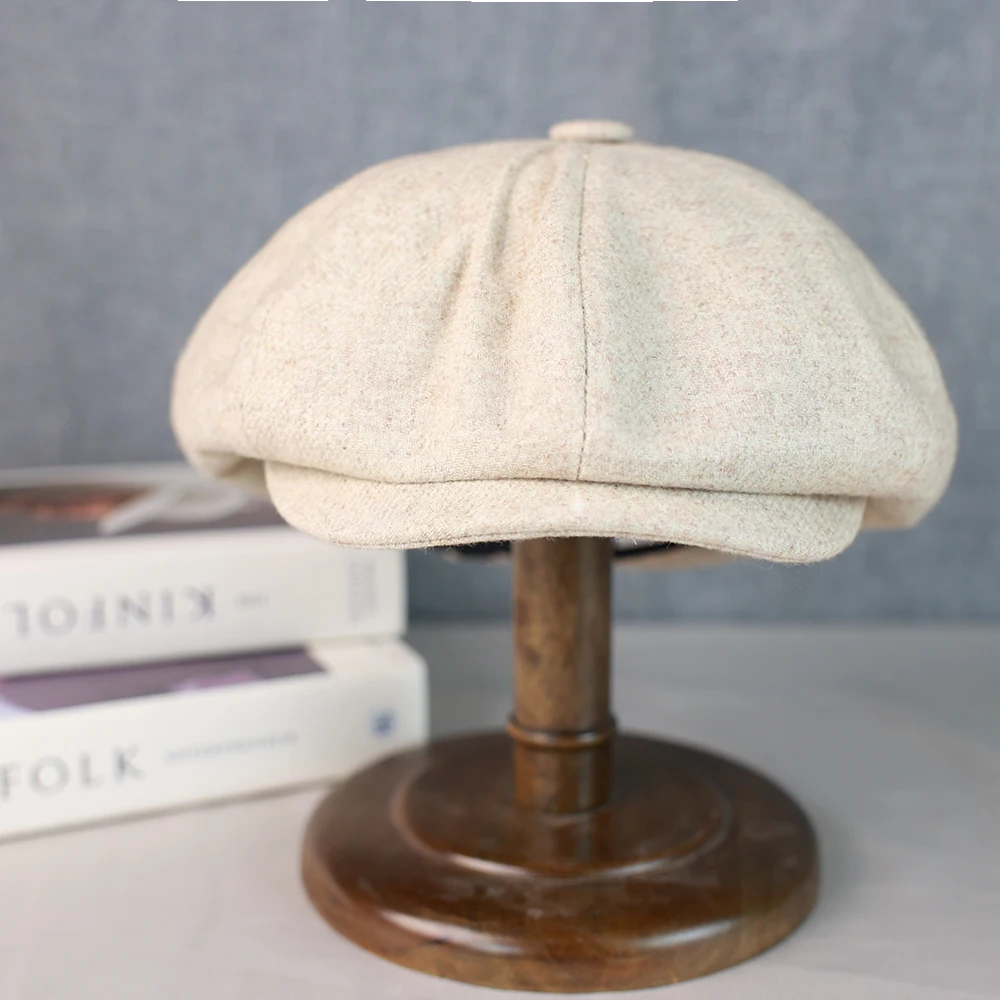 Cotton Newsboy Cap Wool Newsboy Cap Men Grey Beige Solid Color Flat Caps Women Men British Painters Hat Soft Autumn Winter Octagonal Cap 018