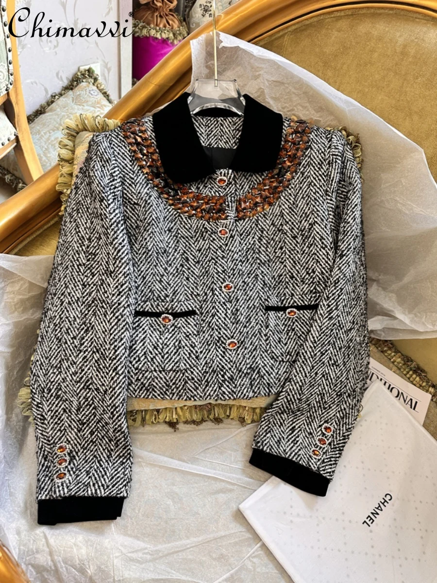 

Coats Women 2023 Autumn Winter Fashion Beading Long Sleeve Retro Tweed Jacket High-End Slim-Fit Lapel Short Elegant Jackets