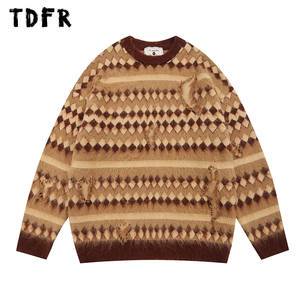 

Geometric knitted Sweater Mens Autumn Winter Casual Loose Crew Neck Embroidery Sweater Men