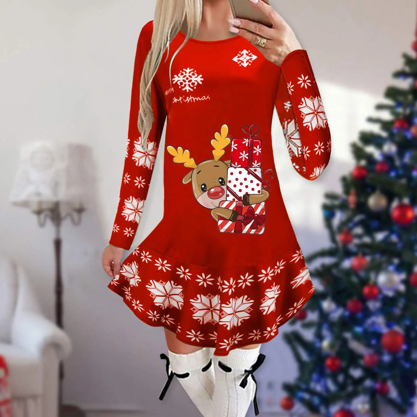 ChristmasDressesforWomenElkPrintLongSleeveMiniDressAutumn