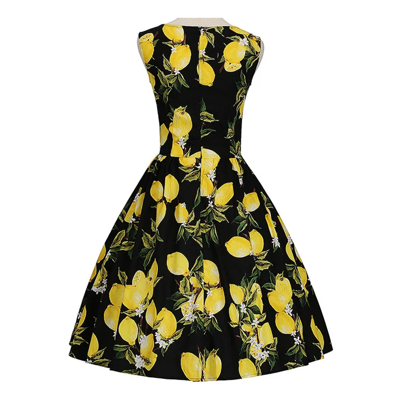 Lemon Print Vintage Cotton Dress Sleeveless Plus Size 4XL Women Pin Up Retro Dress Elegant Party Vestidos Ladies Summer Dresses