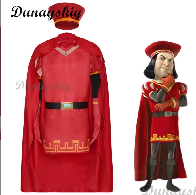 

Anime Movie Lord Farquaad Cosplay Costume Red Monster Uniform Adult Kids Medieval Outfit Cloak Hat Halloween Carnival Clothes