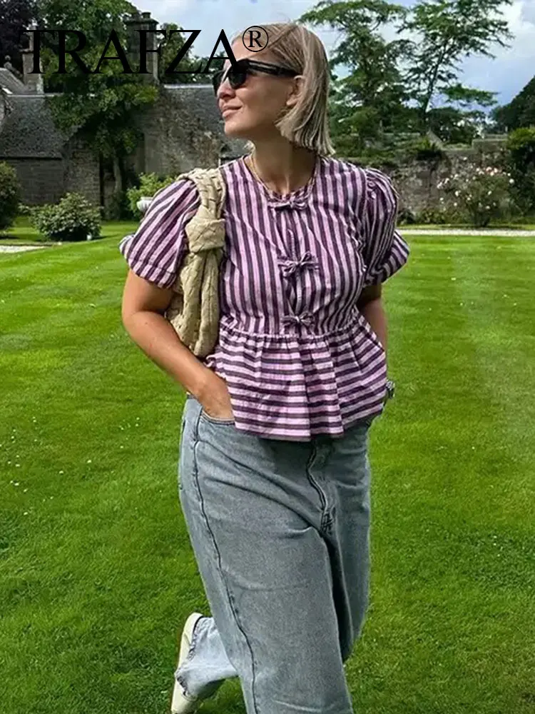 HH Bow Lace Up Blouse For Women Summer Fashion Purple Stripe Short Puff Sleeve Shirt 2024 Female Casual Streetwear Top